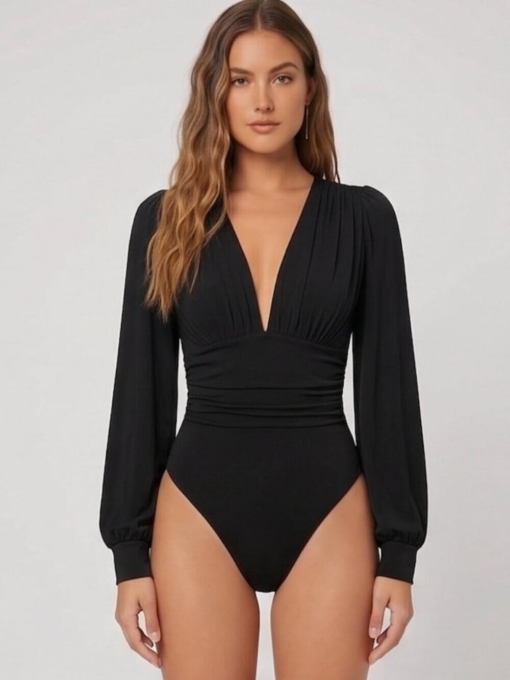 Deep Plunge V-Neck Long Sleeve Bodysuit Ruched Waist